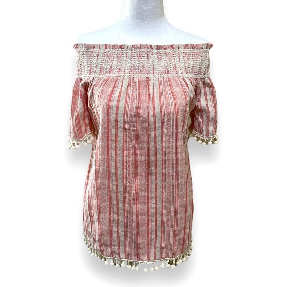 Antibes Blanc Women’s Off Shoulder Top Bohemian Pom Pom Red Orange Beige Small